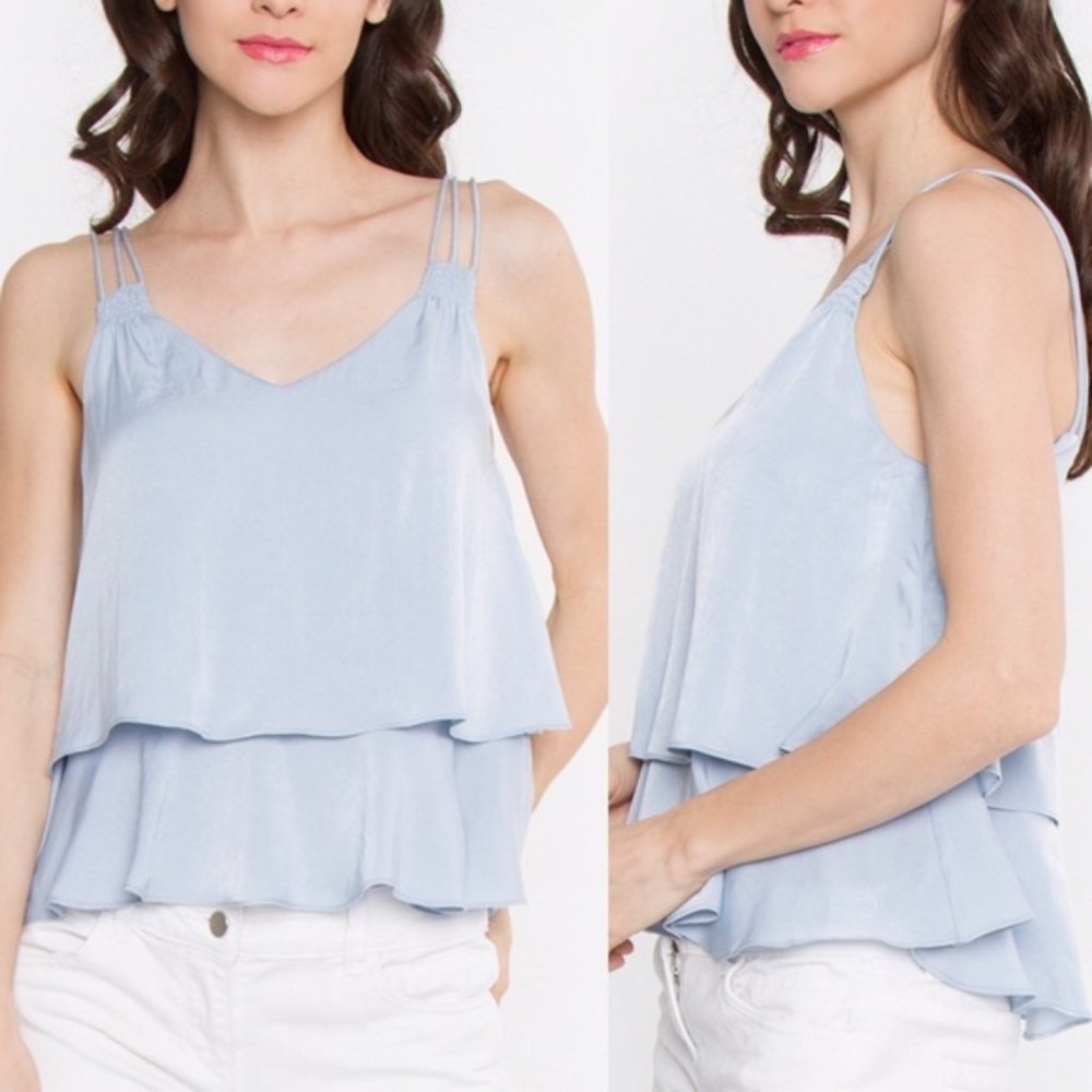Sweet Things Blue Satin Ruffle Cami Tank Top